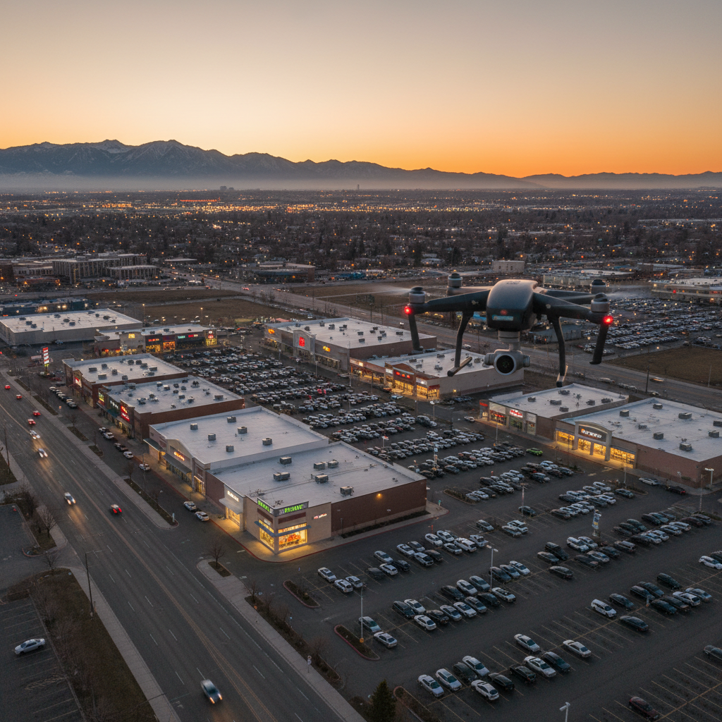 Drone videography filming a retail plaza at dusk to highlight access, parking, and visibility for commercial real estate marketing