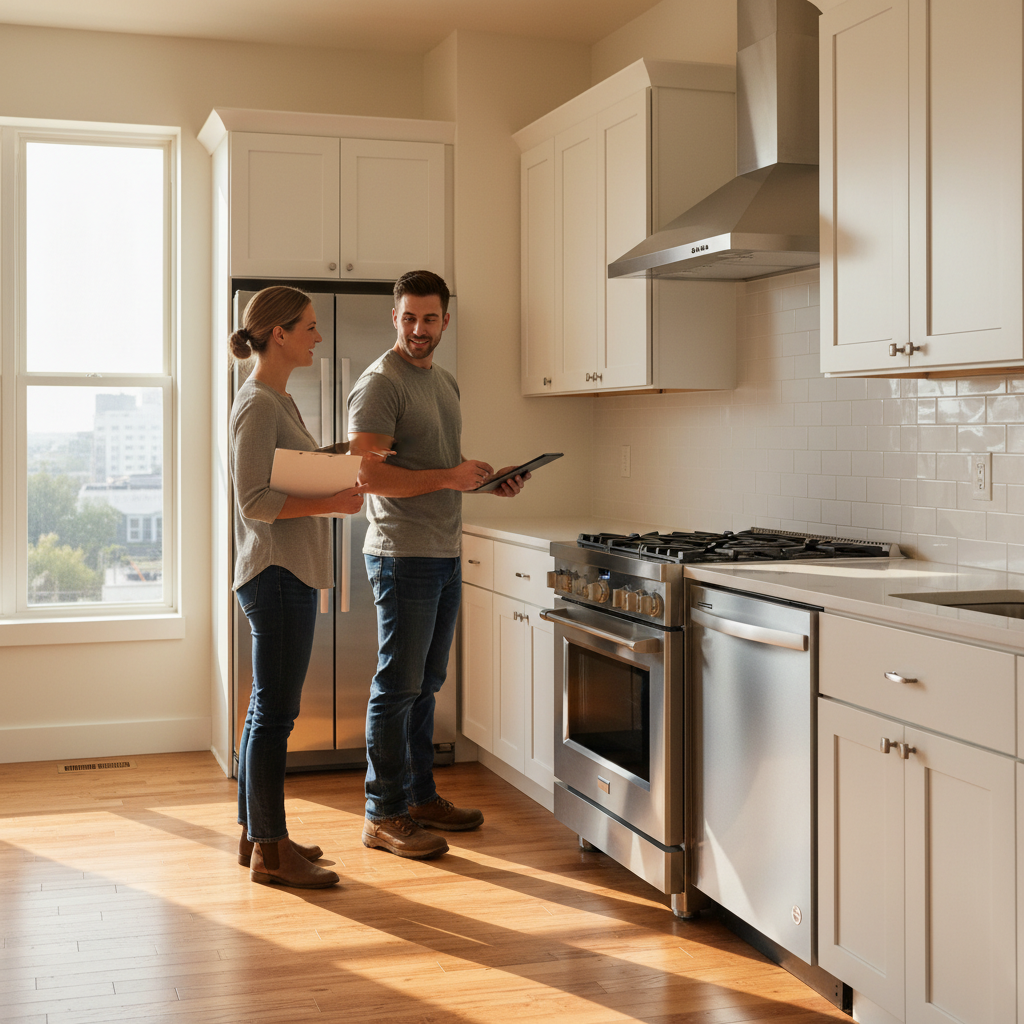 Property manager and contractor performing a pre-handover walkthrough in a freshly remodeled London apartment kitchen