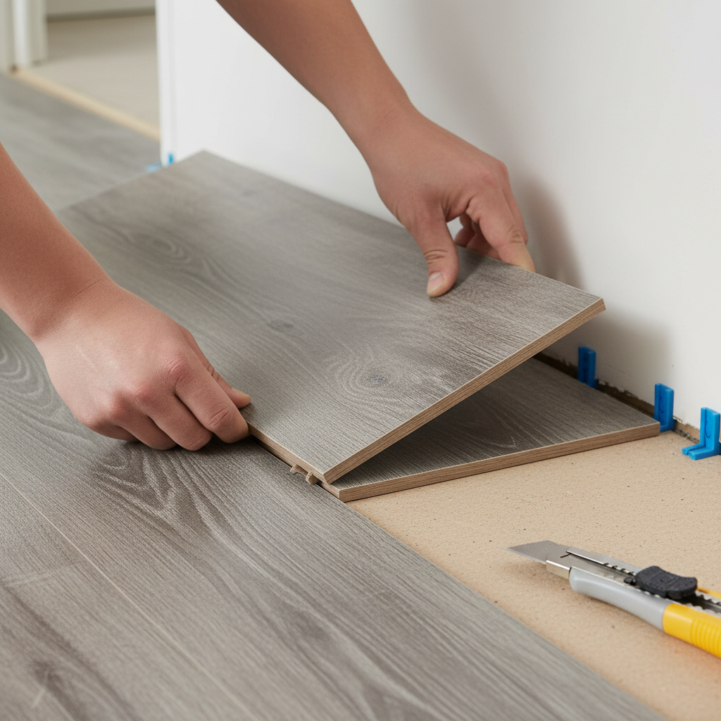 Close-up of click-lock vinyl plank flooring being installed during a London apartment turnover, showing precise alignment and durable materials