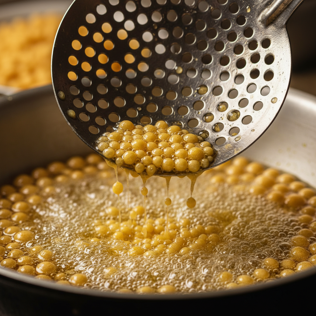 Close-up of boondi batter droplets frying in ghee through a jhara, the key step for authentic boondi laddu texture