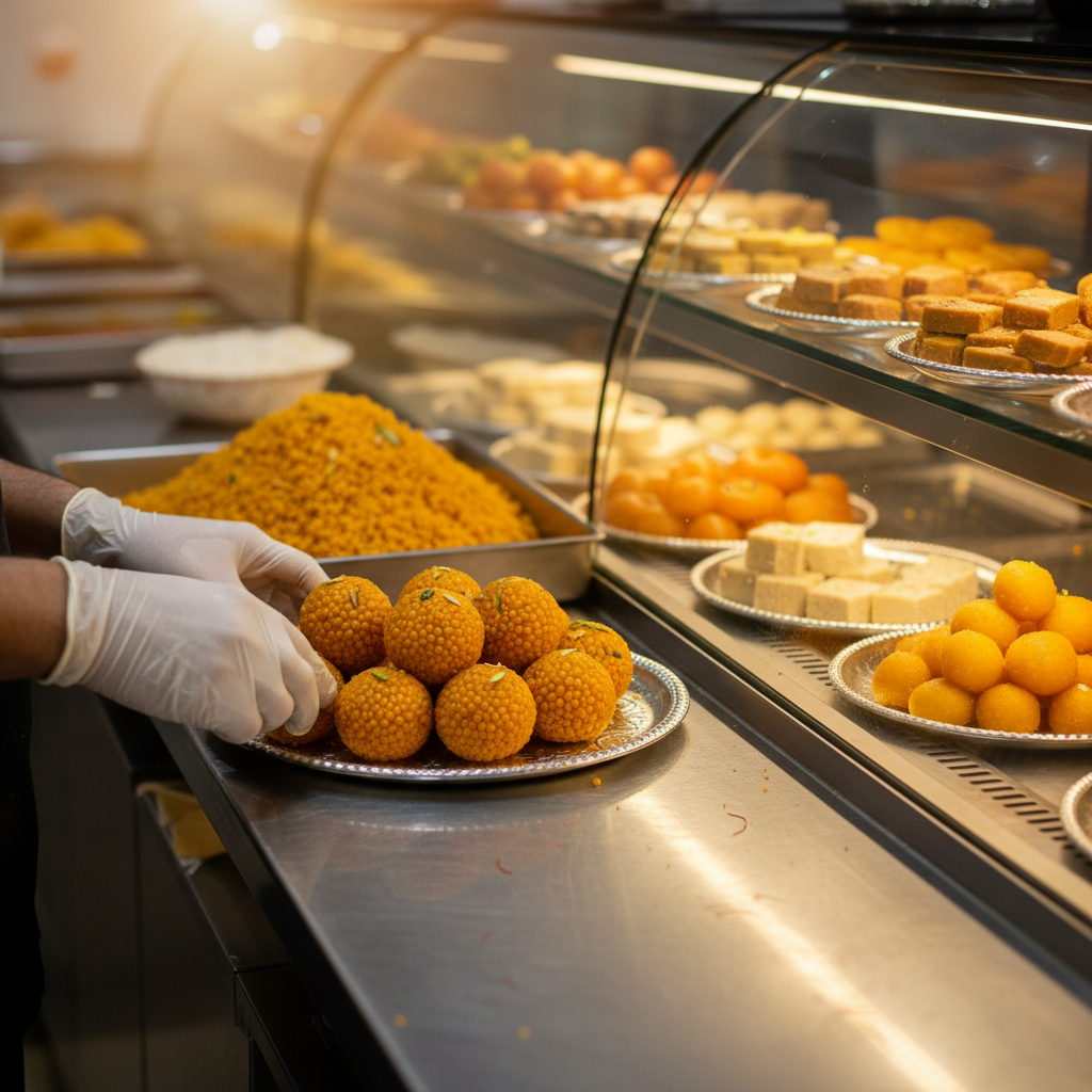 Chef placing freshly made boondi laddu onto a decorative platter at a sweets counter, ready for catering service
