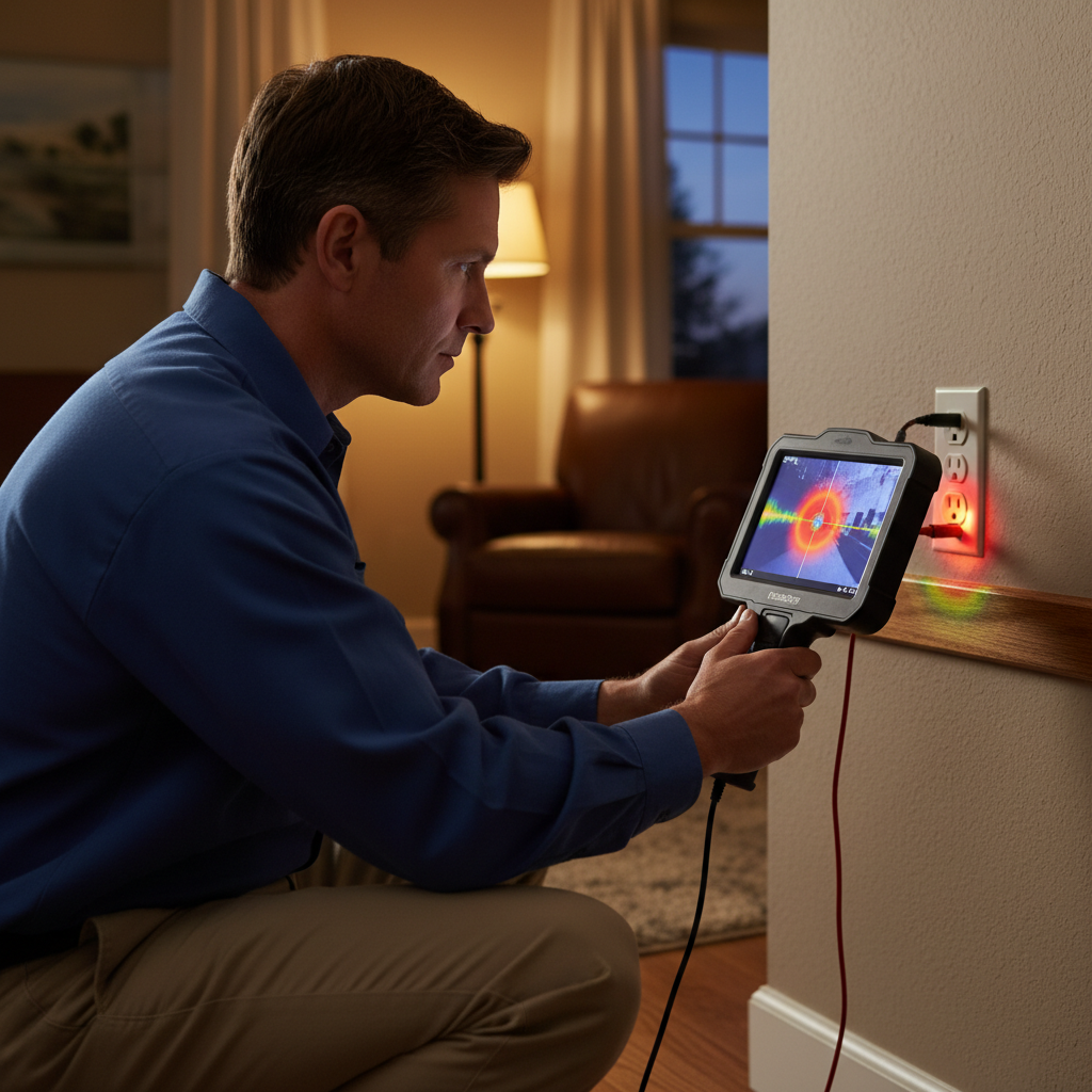 Home inspector using a thermal imaging camera to scan a living room outlet during a house electrical inspection