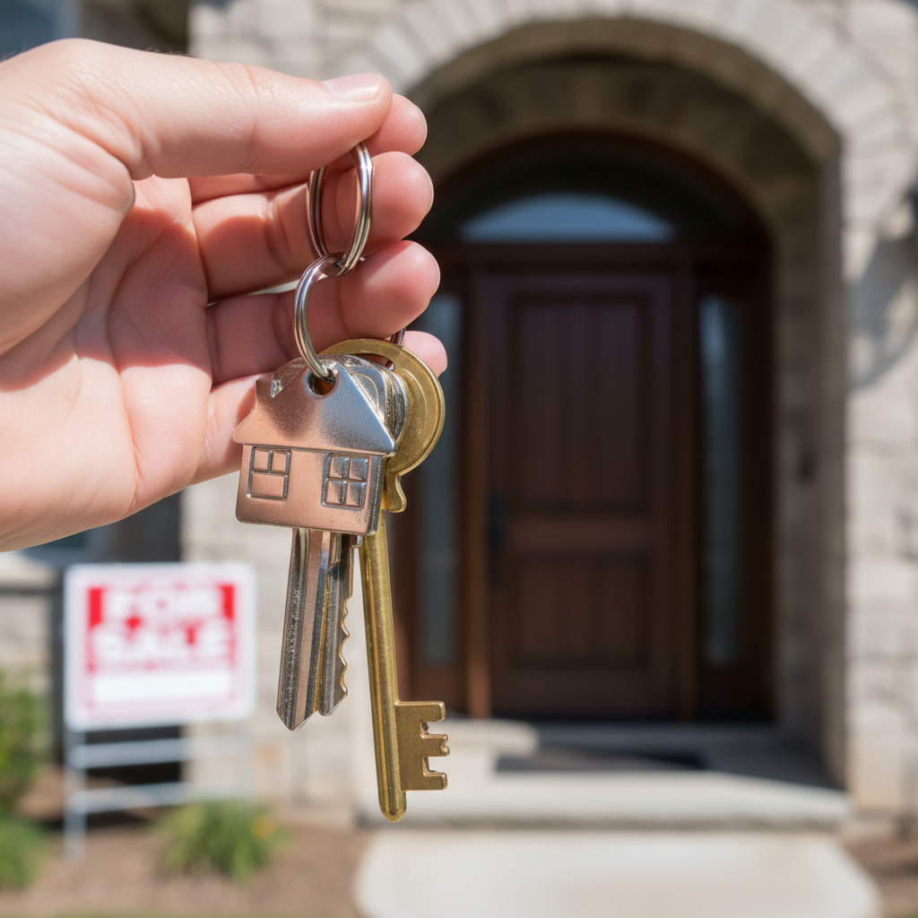 Close-up of house keys handed to a buyer after reviewing realtor houses for sale listings