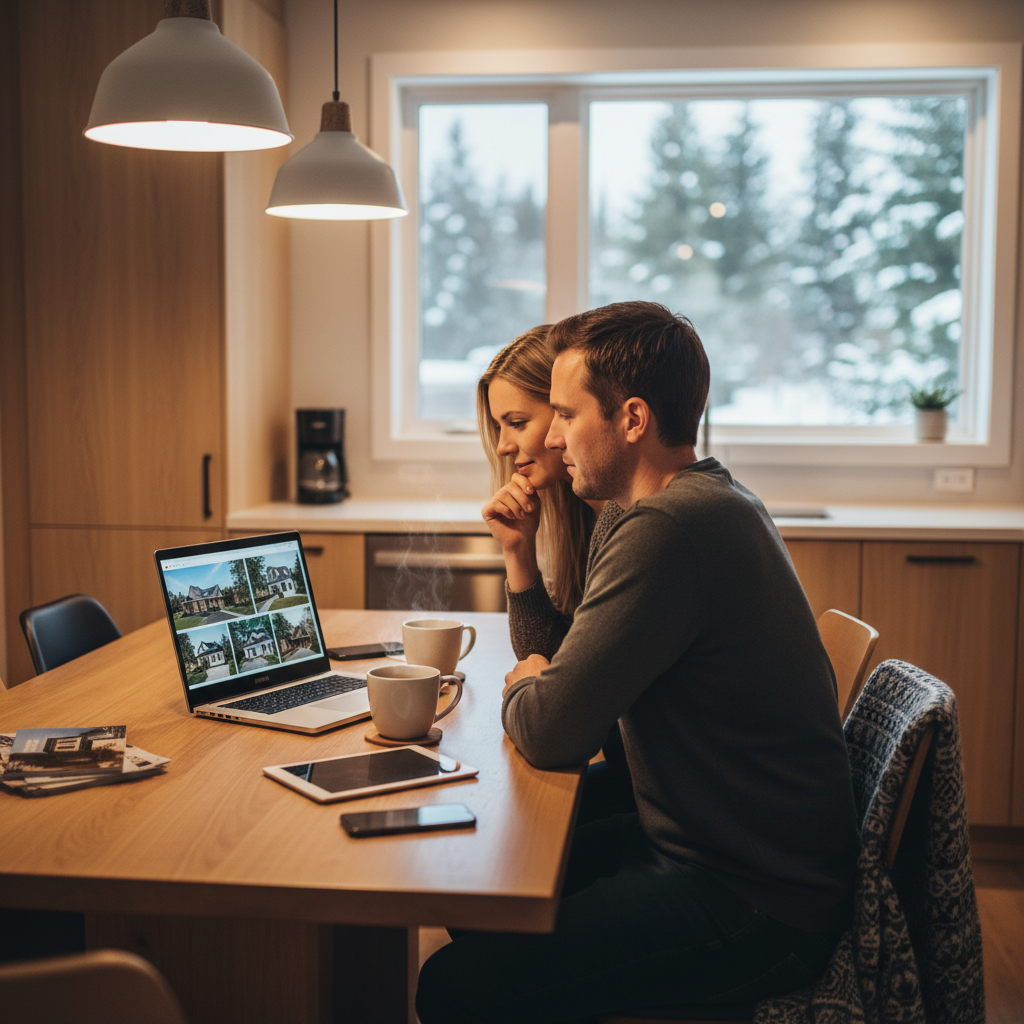 Couple reviewing realtor houses for sale on a laptop while planning a Scarborough home purchase