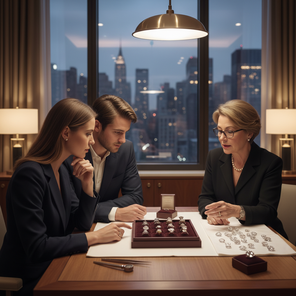 Couple consulting a diamond expert in a Manhattan showroom with ring settings and loose lab-grown diamonds on the table