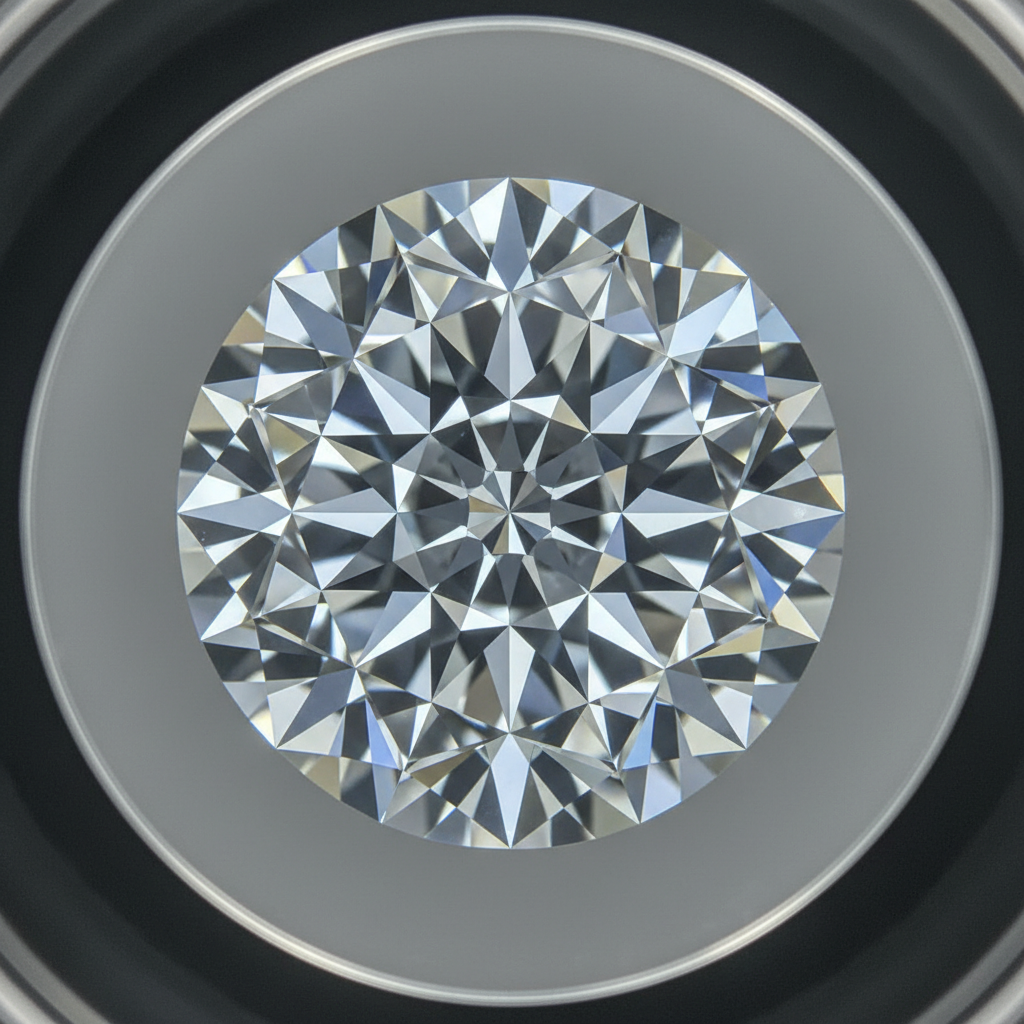 Macro close-up of a lab-grown round brilliant diamond under a jeweler’s loupe showing crisp hearts-and-arrows symmetry and high light performance