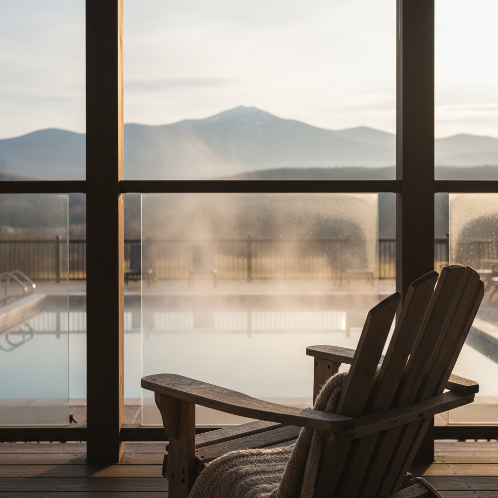 Enclosed porch at Briarcliff Motel overlooking a heated outdoor pool with White Mountains views in North Conway, a true mountain view hotel experience