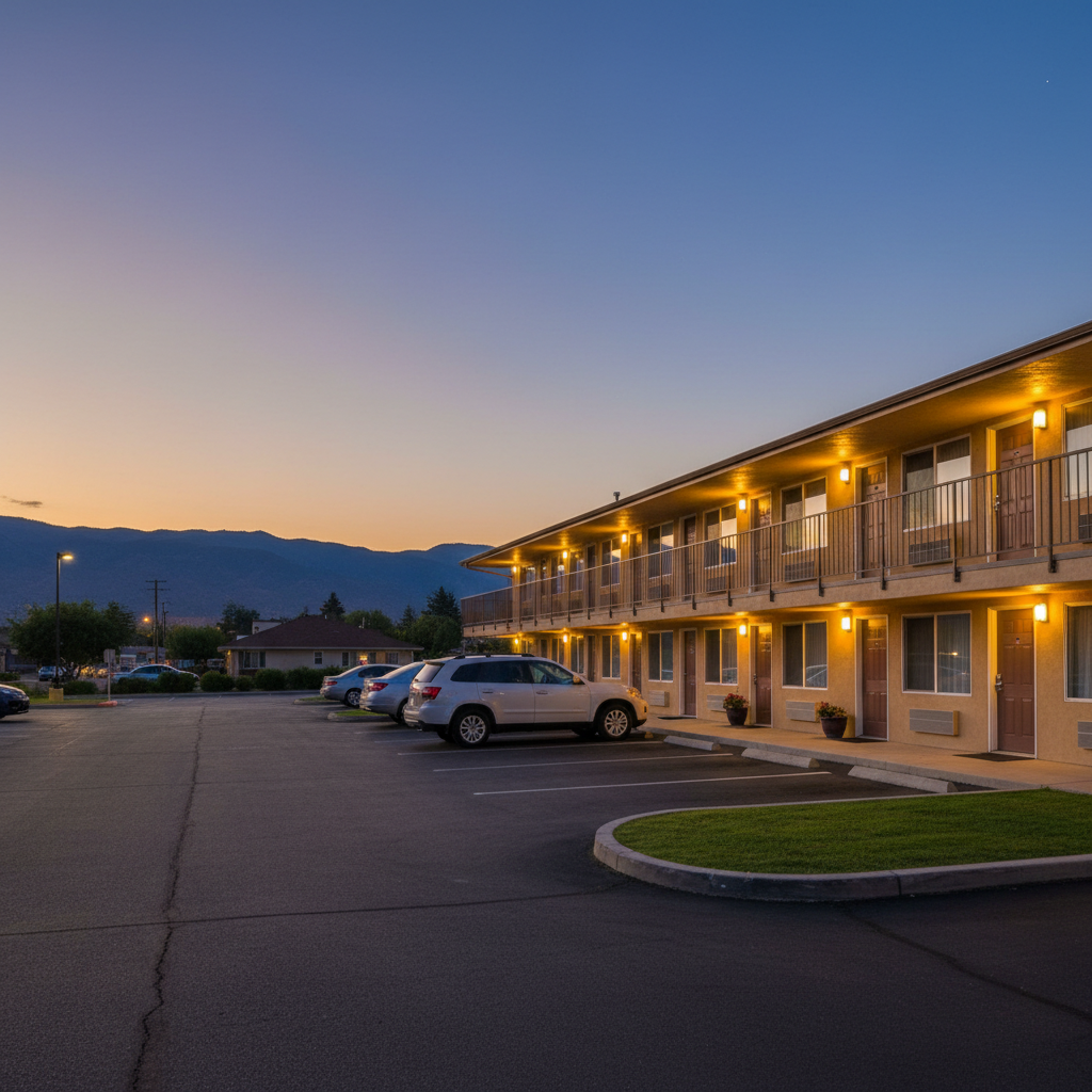 Evening exterior of Briarcliff Motel rooms with warm lights, convenient parking, and distant mountain silhouette in North Conway, ideal for a mountain view hotel feel