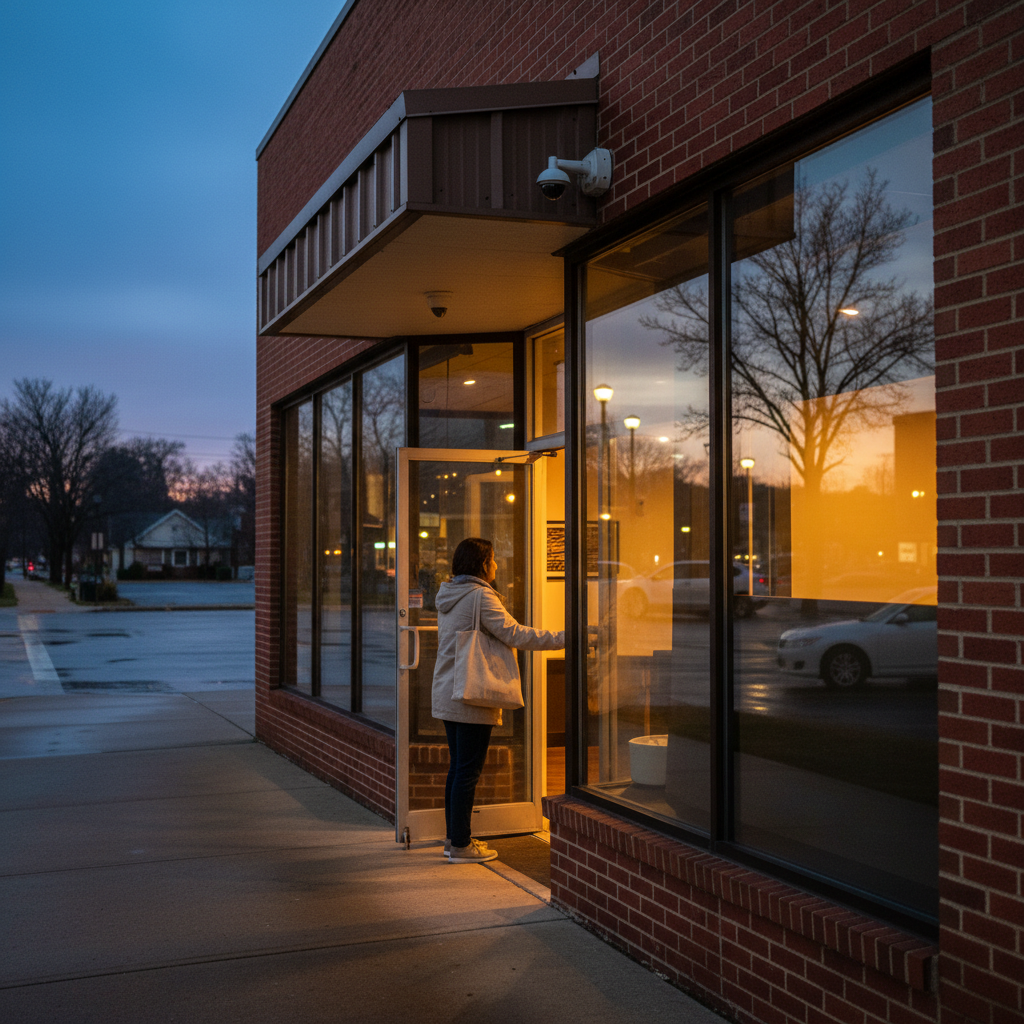 Small business storefront at dusk with dome camera on soffit and warm interior lighting, demonstrating night vision coverage