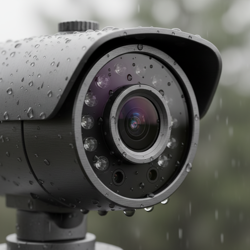 Close-up turret IP camera with microphone and IR LEDs for audio and night vision, weather-sealed metal housing with raindrops