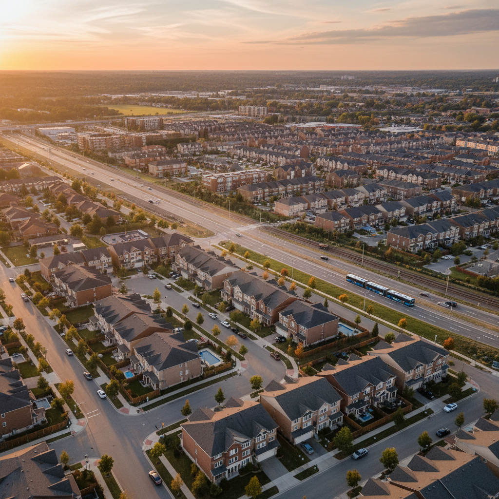 Aerial view of Brampton neighborhood near transit, illustrating location impact on home values