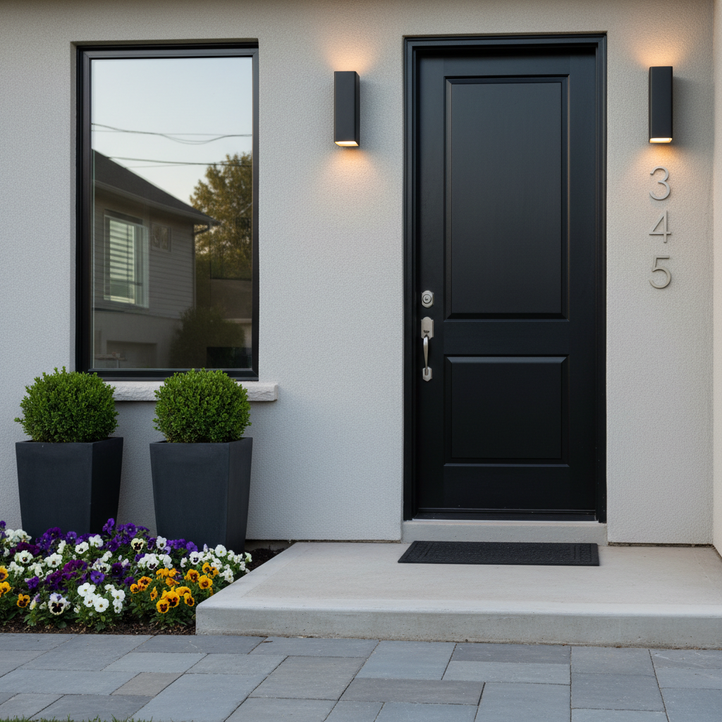 Brampton curb appeal improvements: freshly painted door, new lighting, trimmed shrubs boosting home value