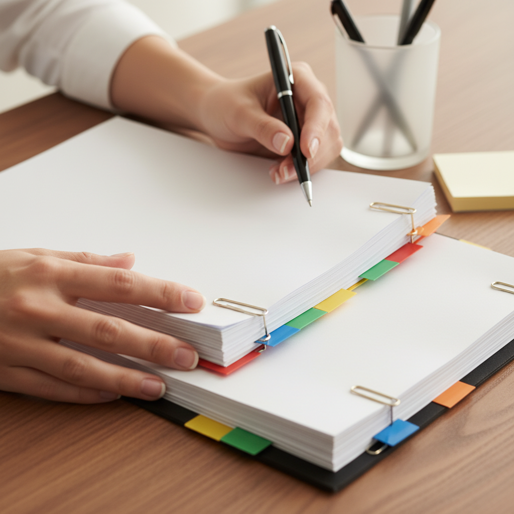 Close-up of Express Entry Canada documents organized for fee planning and submission