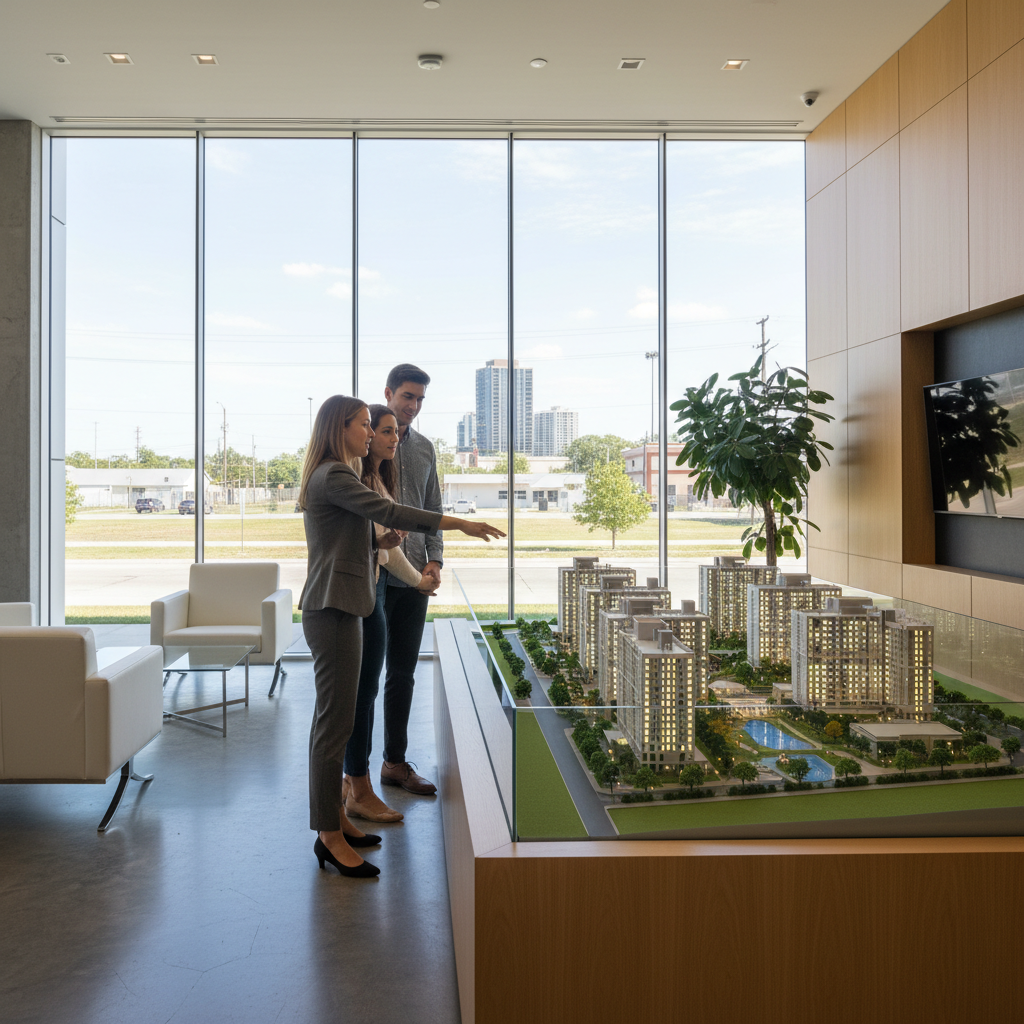 Condo sales center scene showing a scale model review—useful for pre-construction coaching in large residential real estate companies and boutique settings