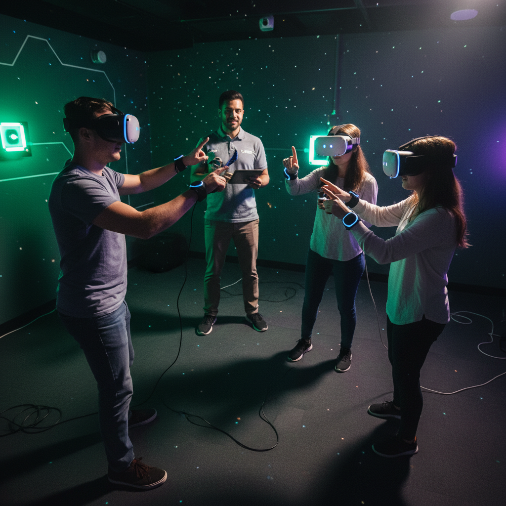 Small team collaborating inside a VR escape room at The Next Level in London, Ontario