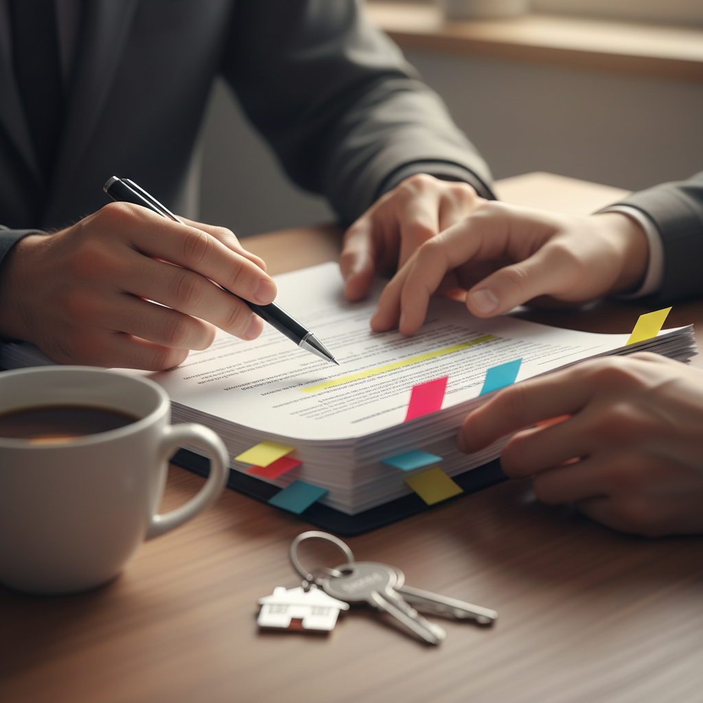 Close-up of hands reviewing an Ontario residential purchase agreement with sticky flags, keys, and pen — real estate negotiation details