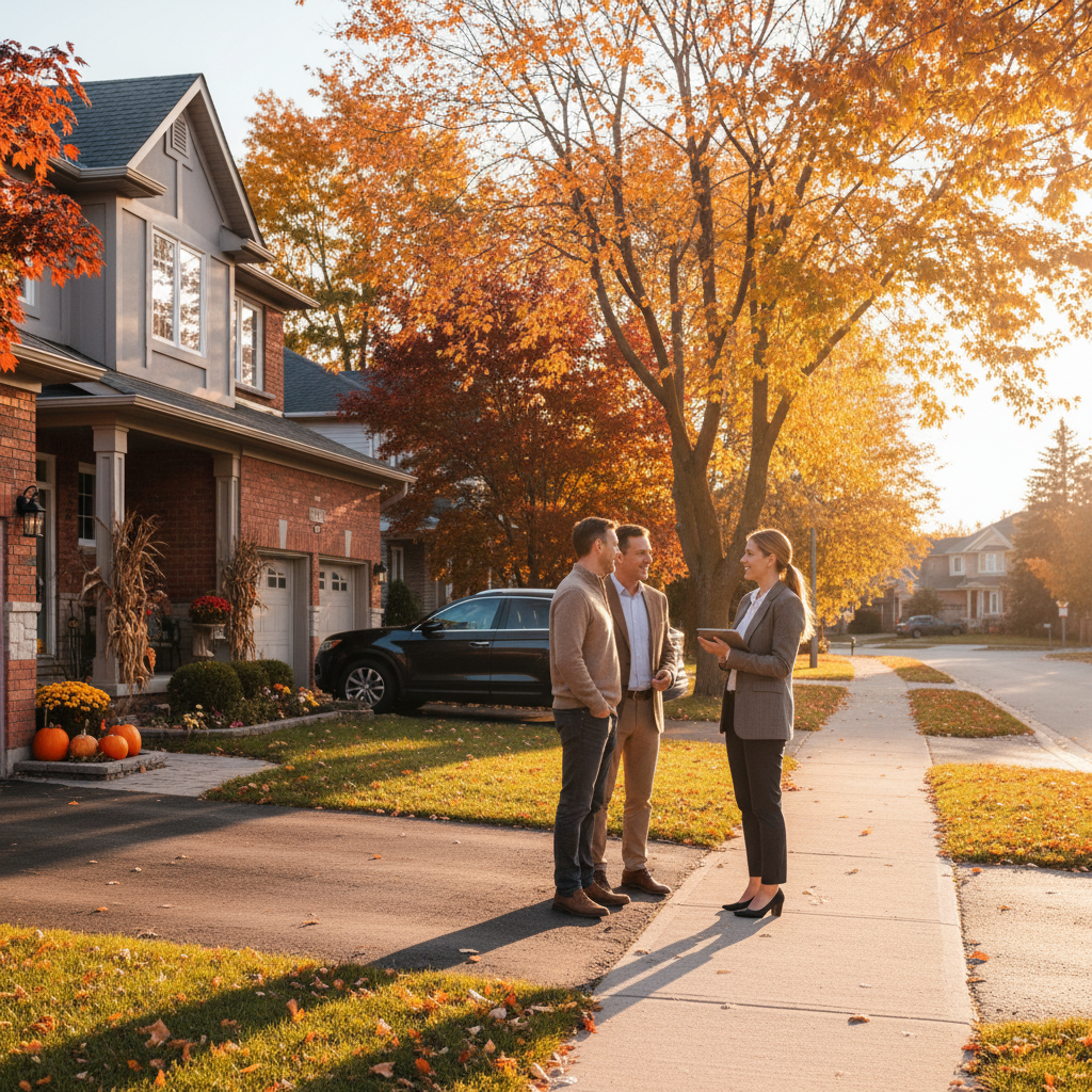 Suburban Ontario detached home with couple and agent discussing terms in late afternoon light — negotiation scene