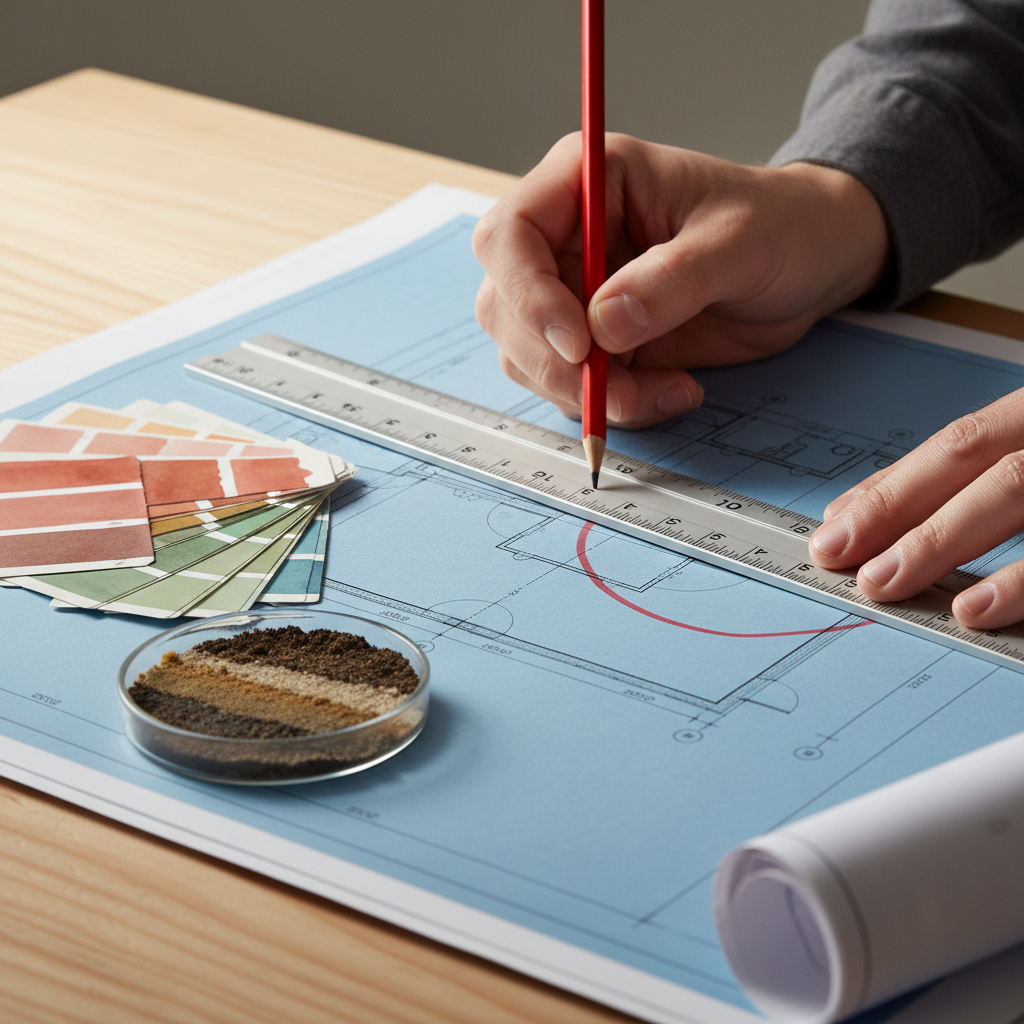 Close-up of blueprint review during design consulting for Texas construction projects