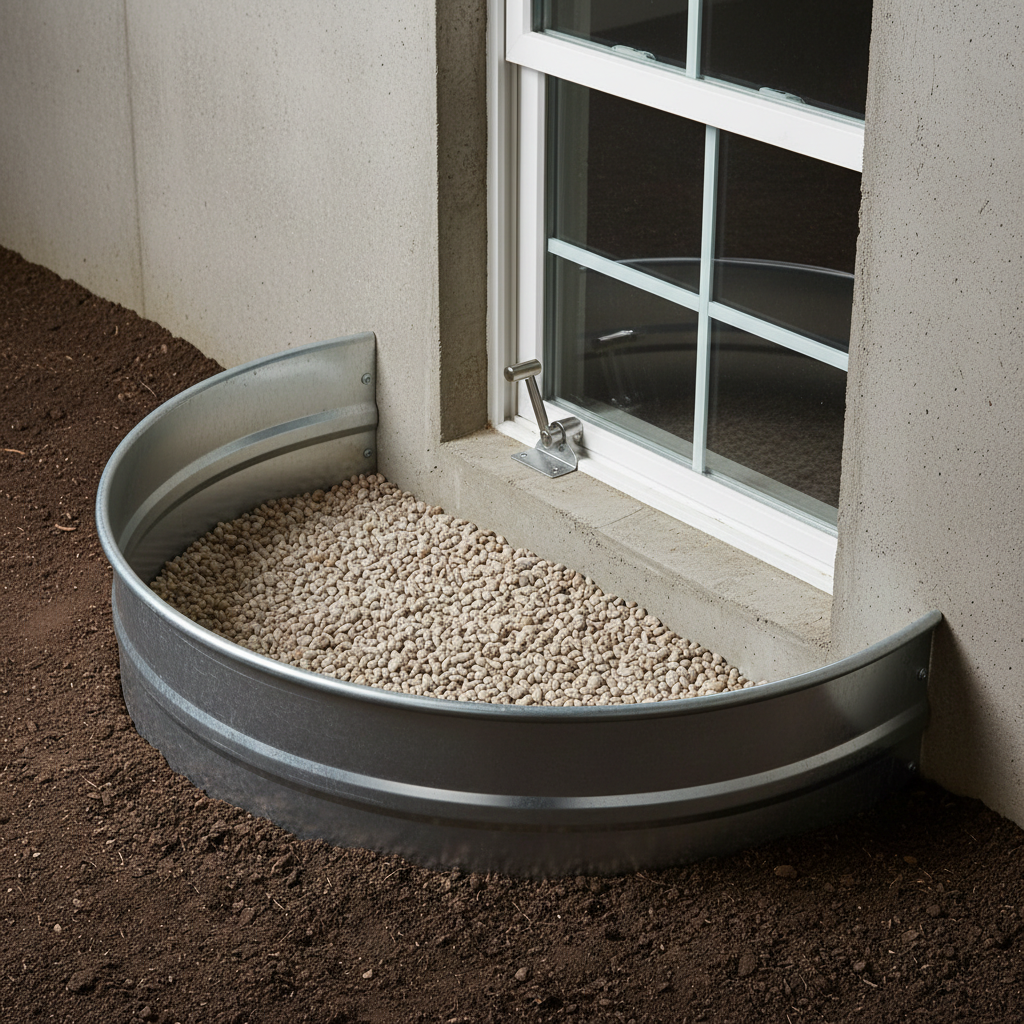 Detail of compliant basement egress window well with proper drainage and clearance for a legal basement suite