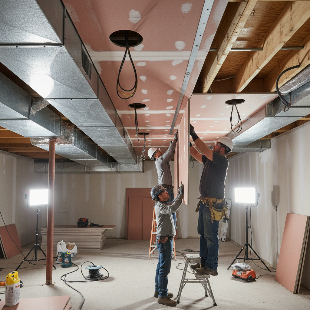 Contractors installing fire-rated drywall with resilient channels for a legal basement renovation in Ontario