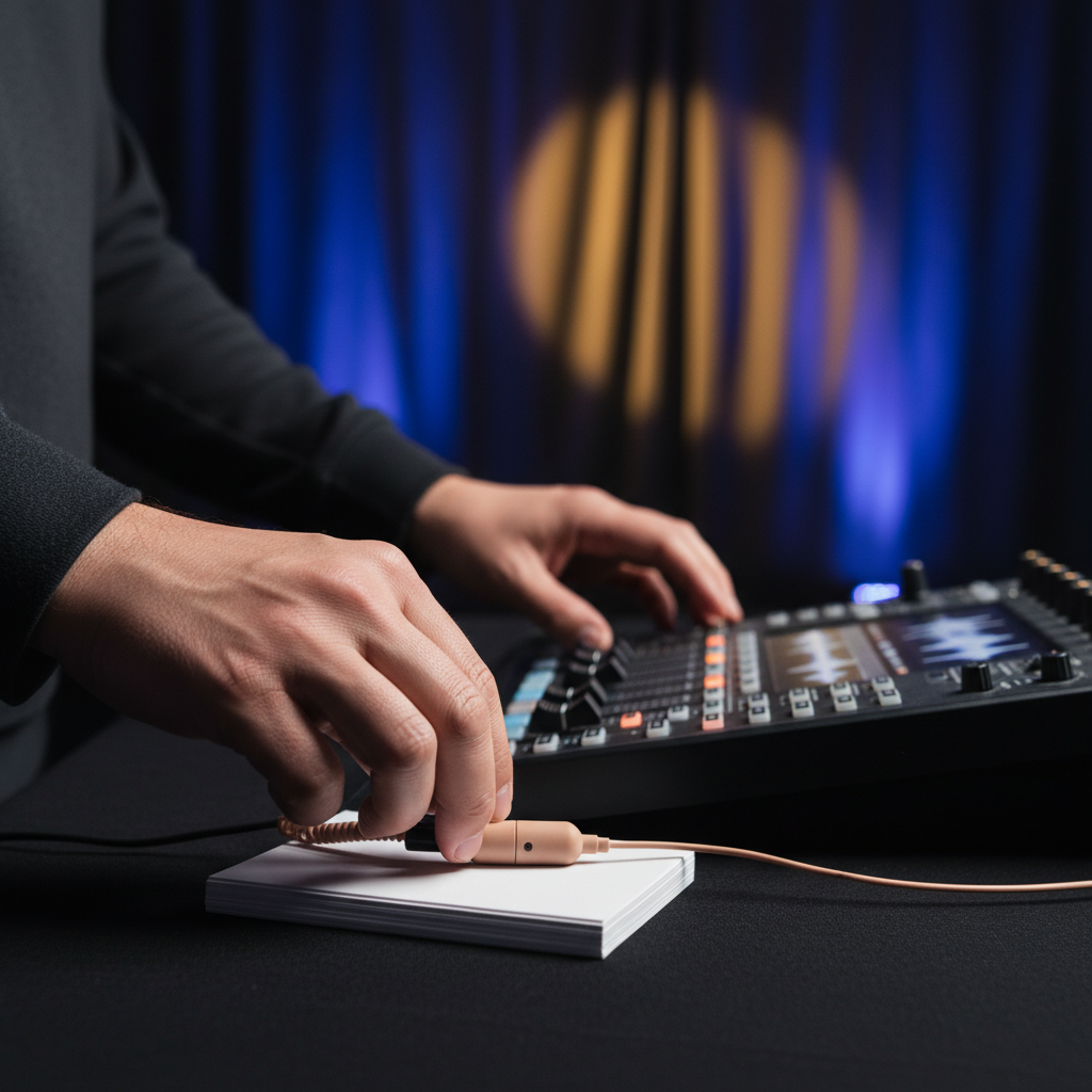 Close-up of corporate event AV setup: stage manager adjusting a wireless microphone and cue cards on a mixer for a London corporate event