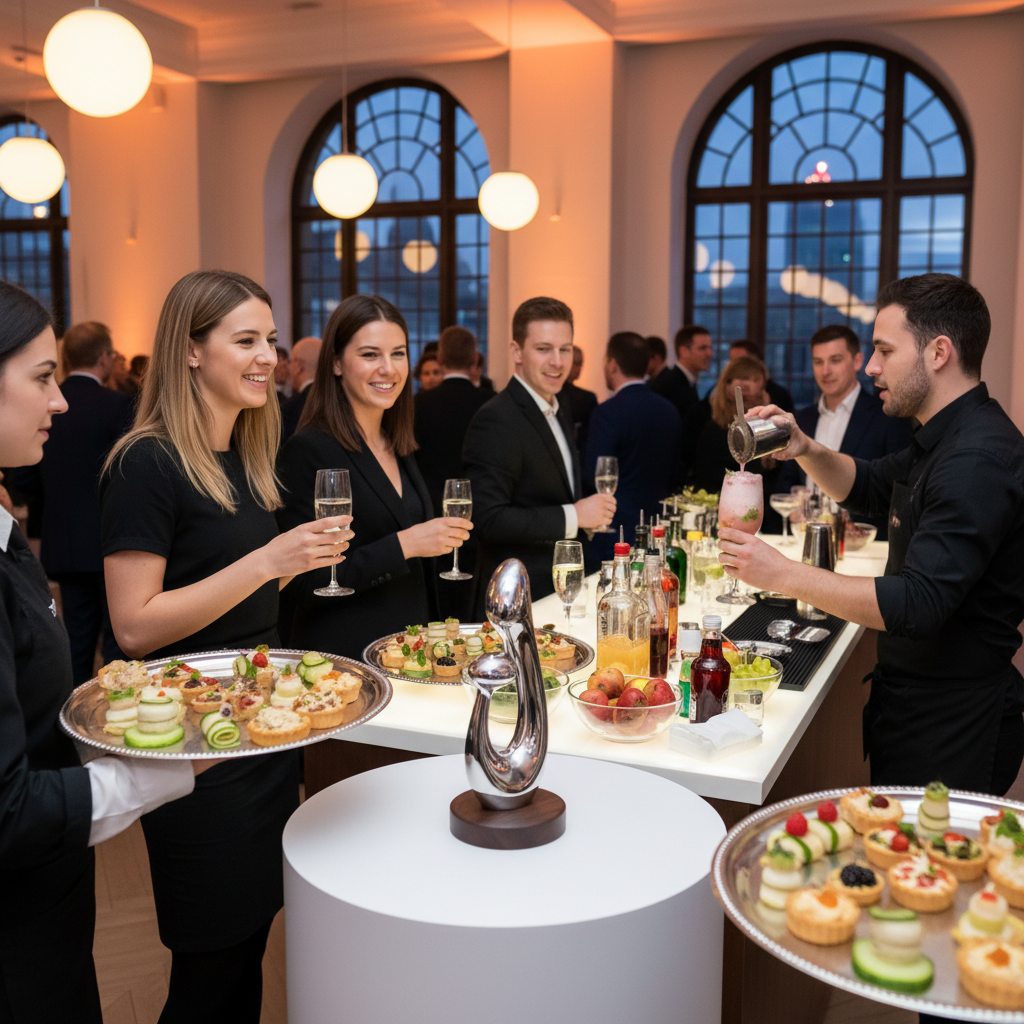 Product launch reception scene in London with canapes on trays and guests mingling under warm lighting