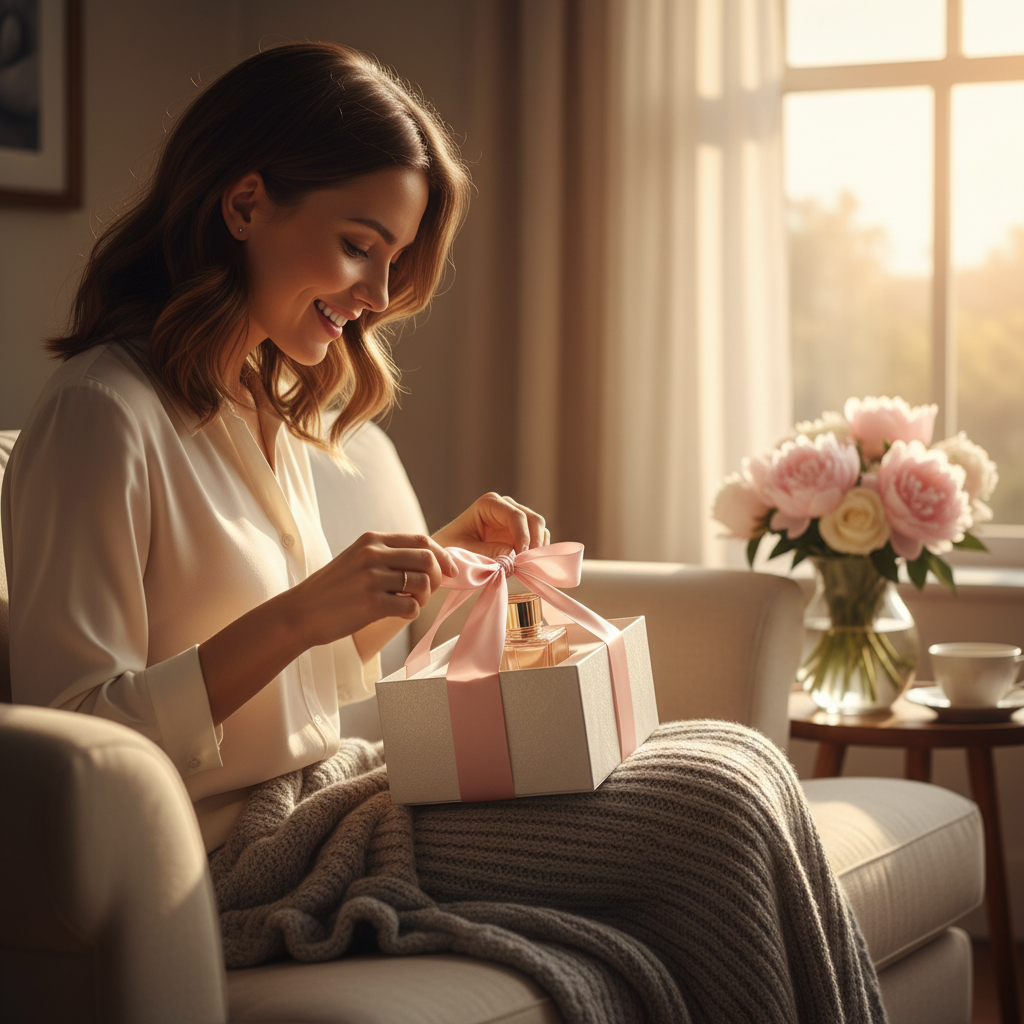 Lifestyle scene of a woman opening a ribboned perfume gift box on a sofa, capturing the joy of receiving designer perfume gifts and discovery sets