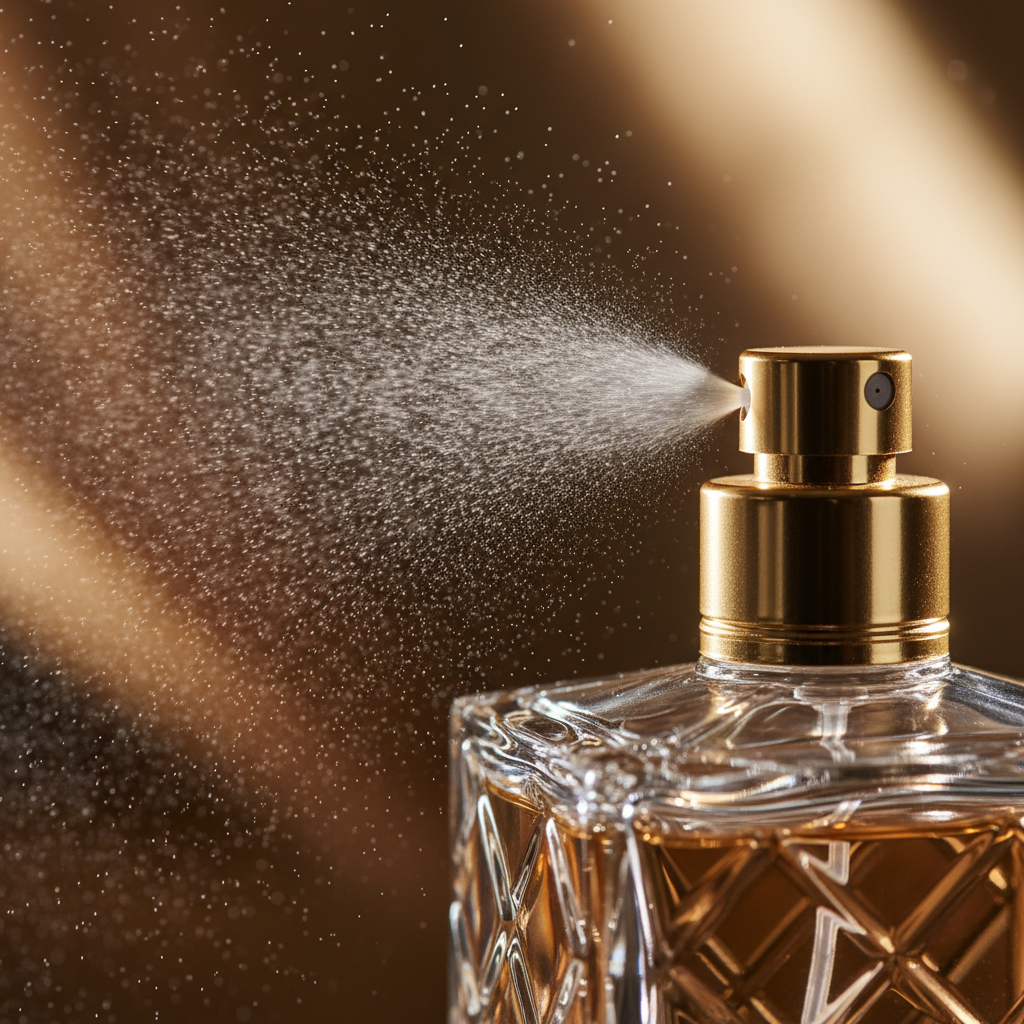 Close-up perfume atomizer spraying a fine mist, illustrating application tips for designer perfume gift sets for her and eau de parfum routines