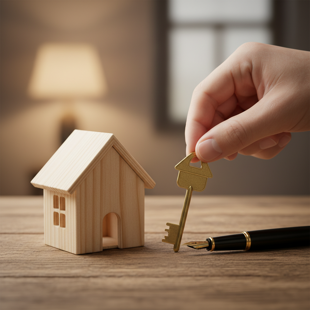 Close-up of keys, a small home figure, and pen symbolizing the decision to sell my property with secure real estate contracts