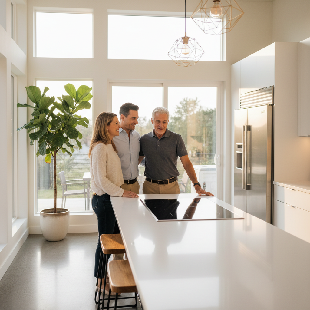 Prospective buyers touring a bright kitchen during a scheduled showing managed on Houseup to sell my property faster