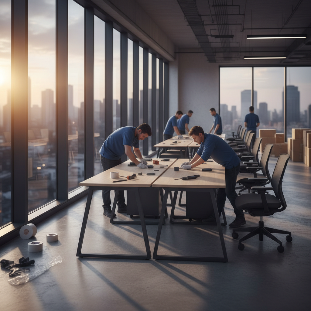 Side-angle view of movers assembling modular desks near large windows after an office relocation in Dubai
