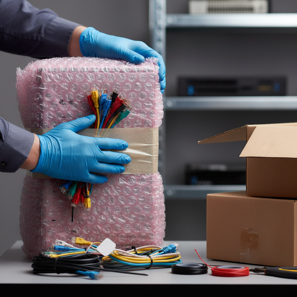 Close-up of IT equipment safely packed with anti-static wrap and labeled network cables during an office move in Dubai