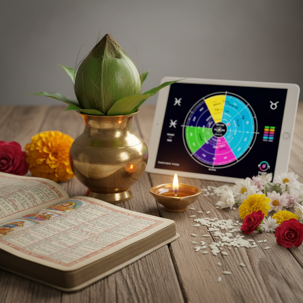 Close-up of housewarming muhurat essentials: panchang, kalash, ghee lamp, and birth chart for muhurat selection