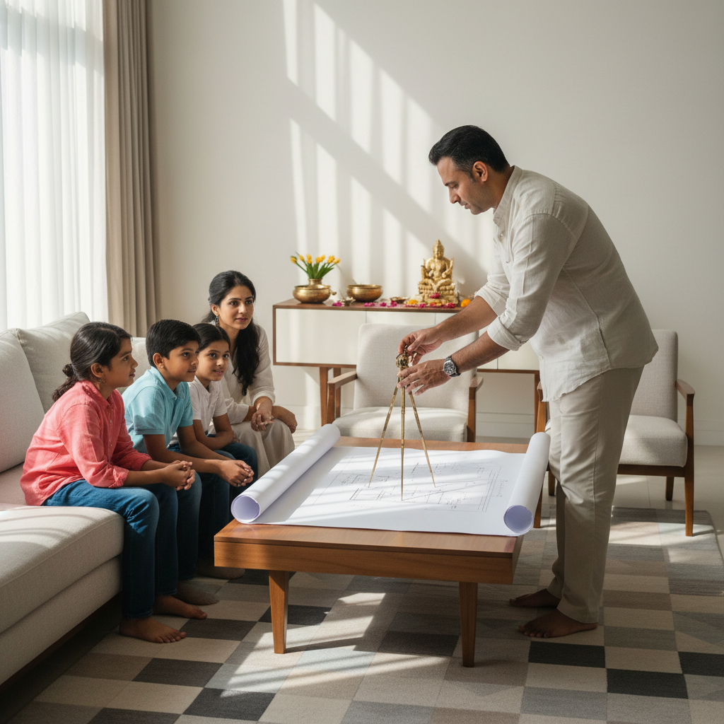 Vaastu consultant reviewing a floor plan and compass to finalize Griha Pravesh muhurat and entry direction