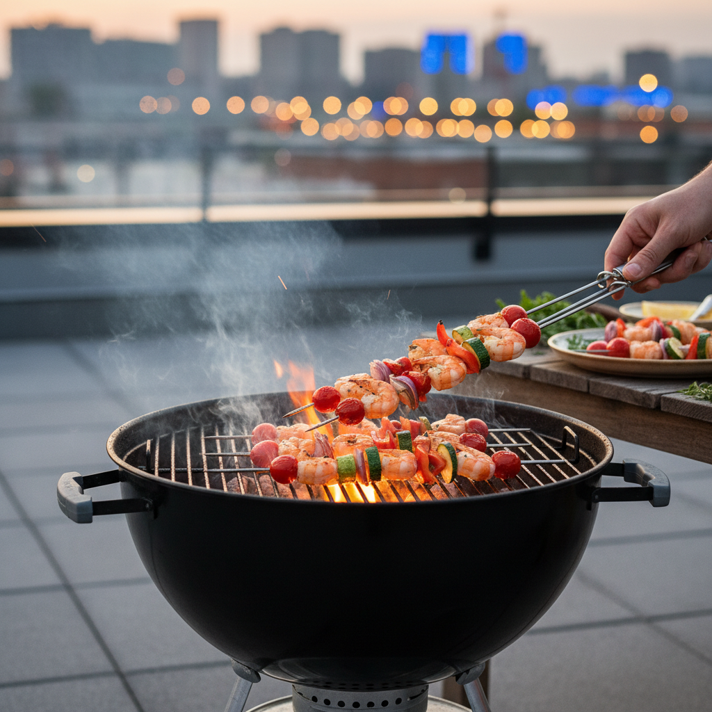 Shrimp and vegetable skewers sizzling over a charcoal grill on a Toronto patio at dusk