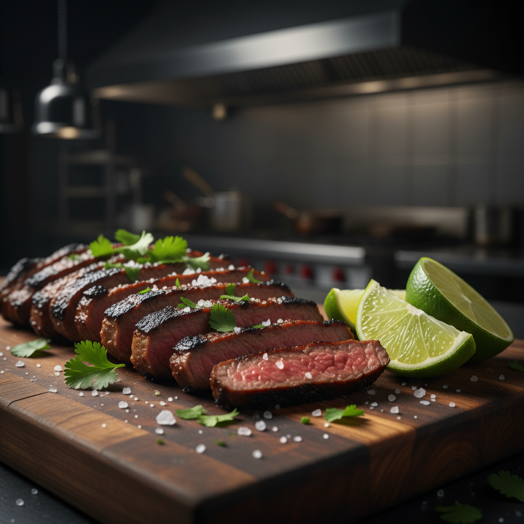 Close-up of grilled carne asada with char marks, lime, and cilantro at a Toronto Mexican grill