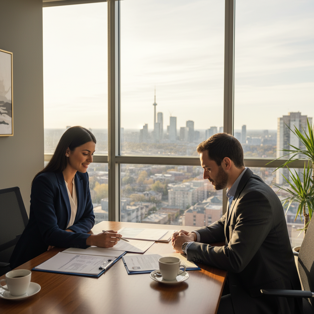 Immigration advisor in Mississauga reviewing a client’s Canada work permit status updates in a meeting room