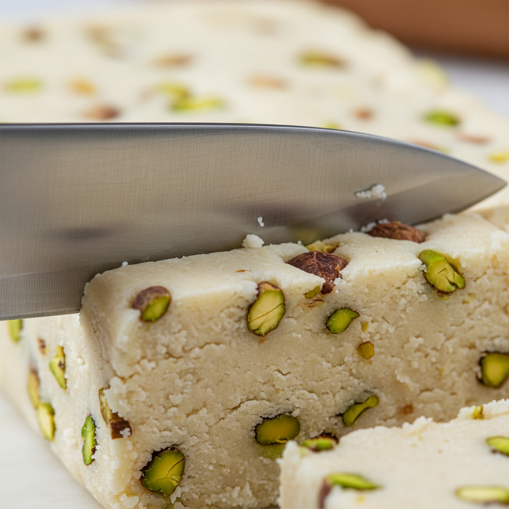 Close-up of pistachio-studded milk barfi being sliced, highlighting authentic Indian sweets mithai texture