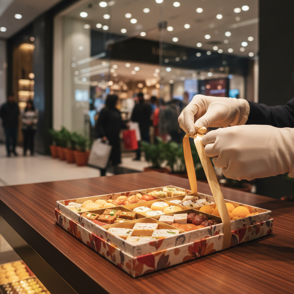Mithai gift box being tied with ribbon at shop counter in Brampton, showcasing premium mithai presentation