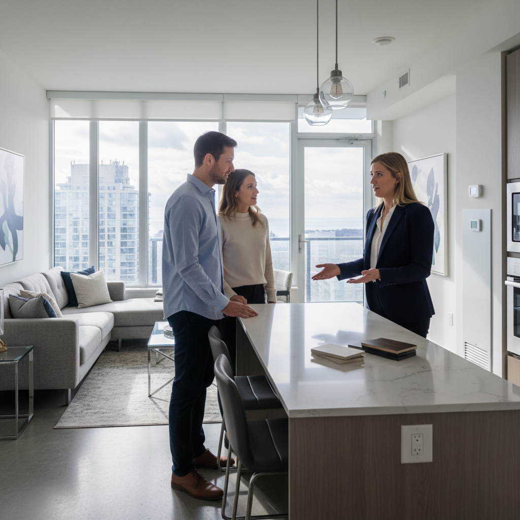Realtor guiding a couple through a bright GTA condo model suite kitchen during a property tour