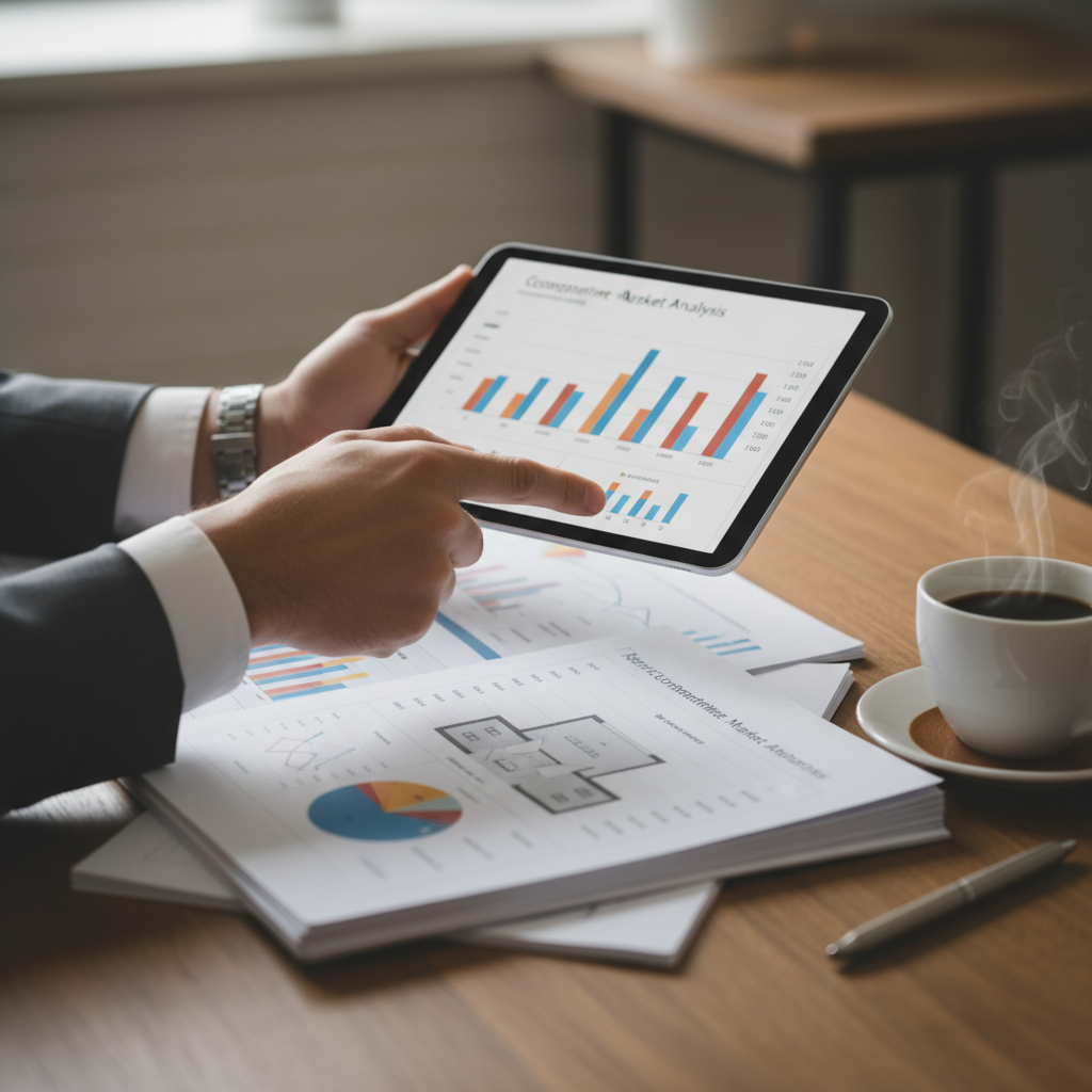 Comparative market analysis charts and condo floor plan reviewed with a real estate agent for Ontario buyers