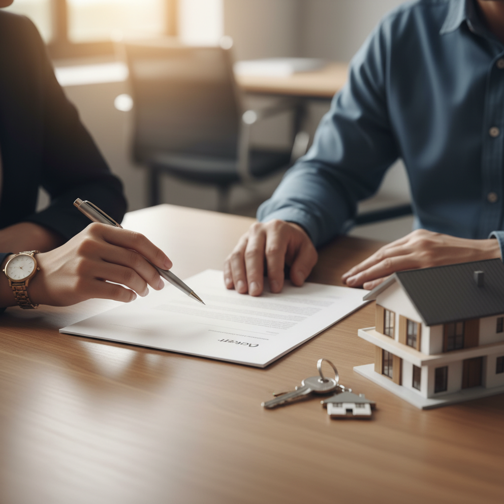 Close-up of hands signing a buyer representation contract with keys and model home, illustrating GTA buyer representation details