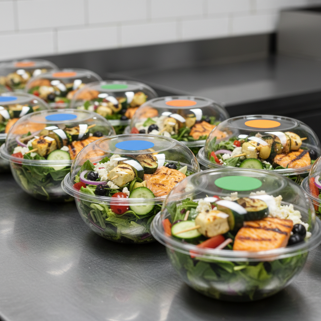 Individually packaged corporate lunch bowls with Mediterranean salads and proteins for Toronto offices