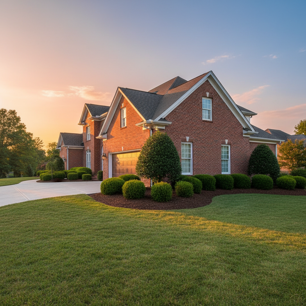 Curb appeal improvement for first-time sellers: tidy brick home at golden hour with trimmed hedges and clean driveway