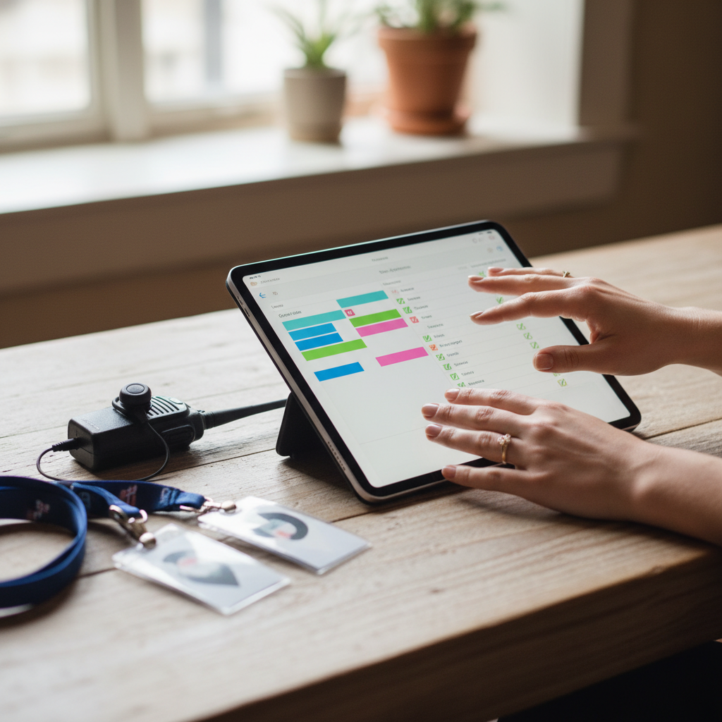 Wedding event management tools: planner hands organizing a vendor checklist and run-of-show timeline on a tablet