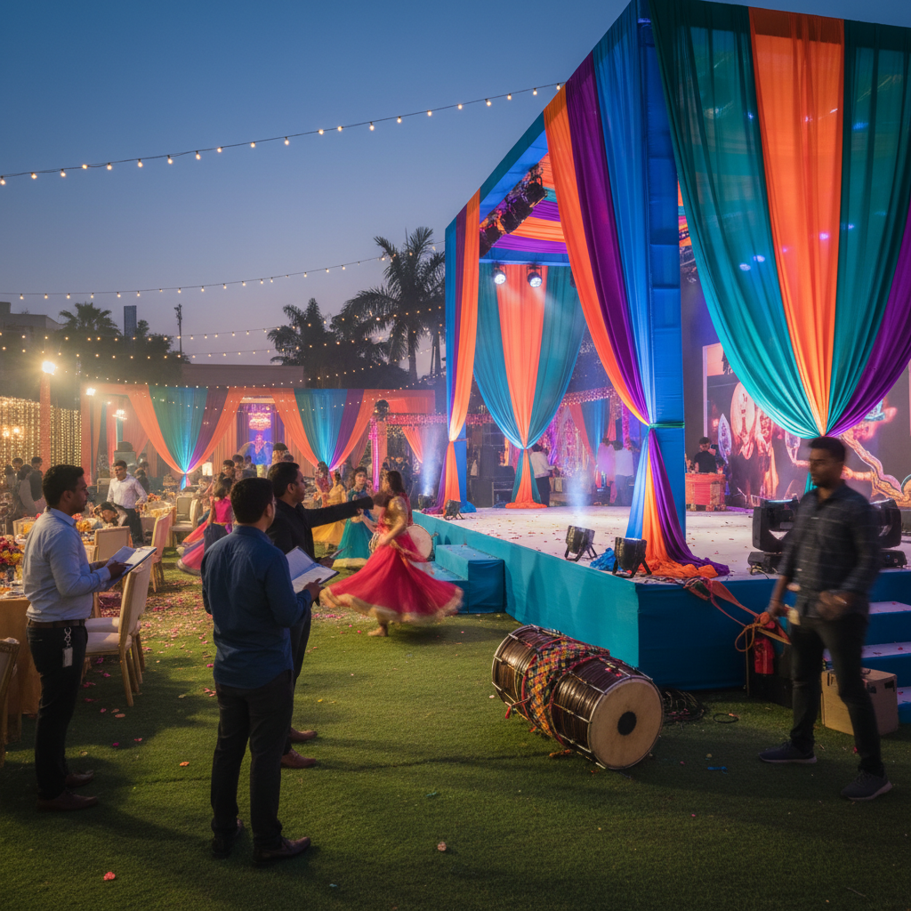 Vibrant sangeet stage with drapes and dhol drums as planners direct load-in and rehearsal