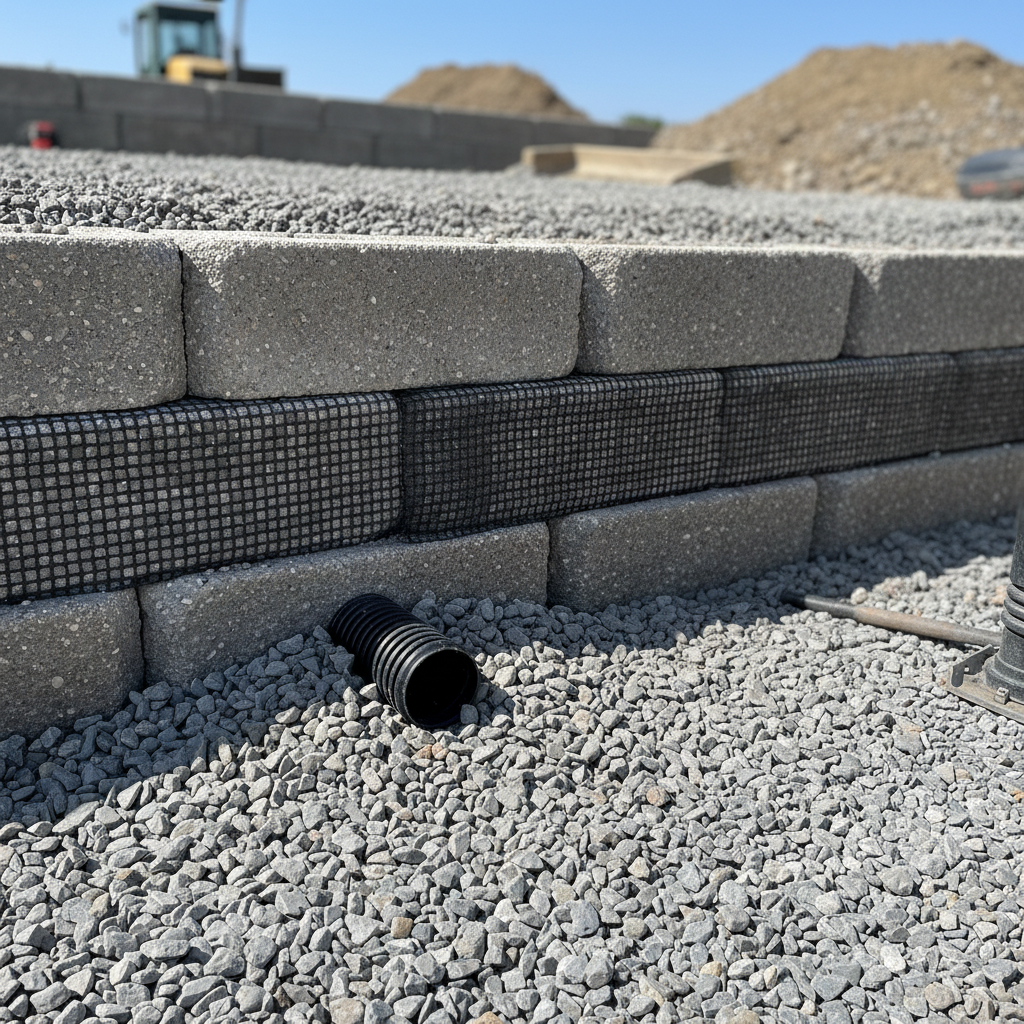 Detail view of retaining wall installation showing compacted gravel base, perforated drain pipe, geogrid layers, and clean edge control for sloped yard stability