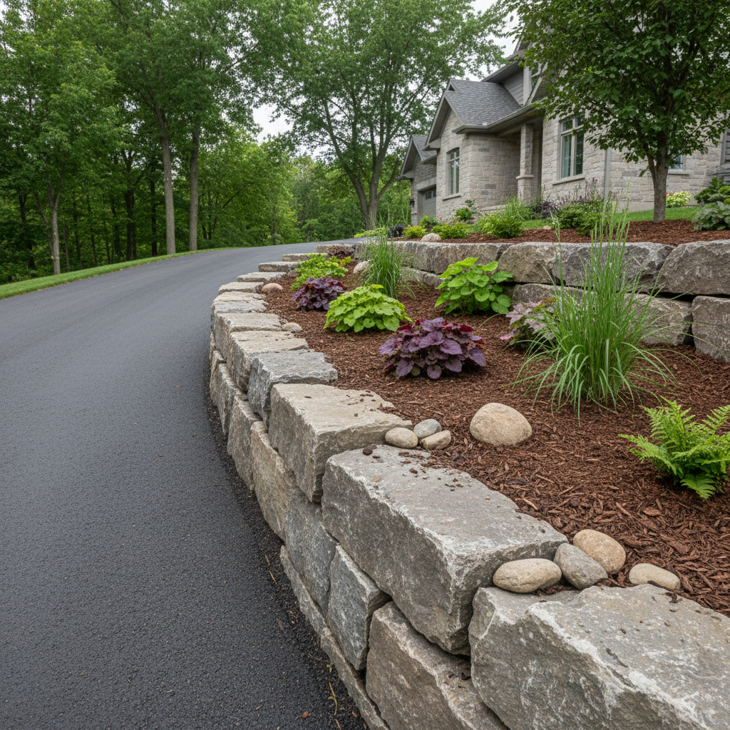 Side-angle photo of armor stone retaining wall supporting a sloped driveway with native plantings and mulch for drainage in a suburban setting