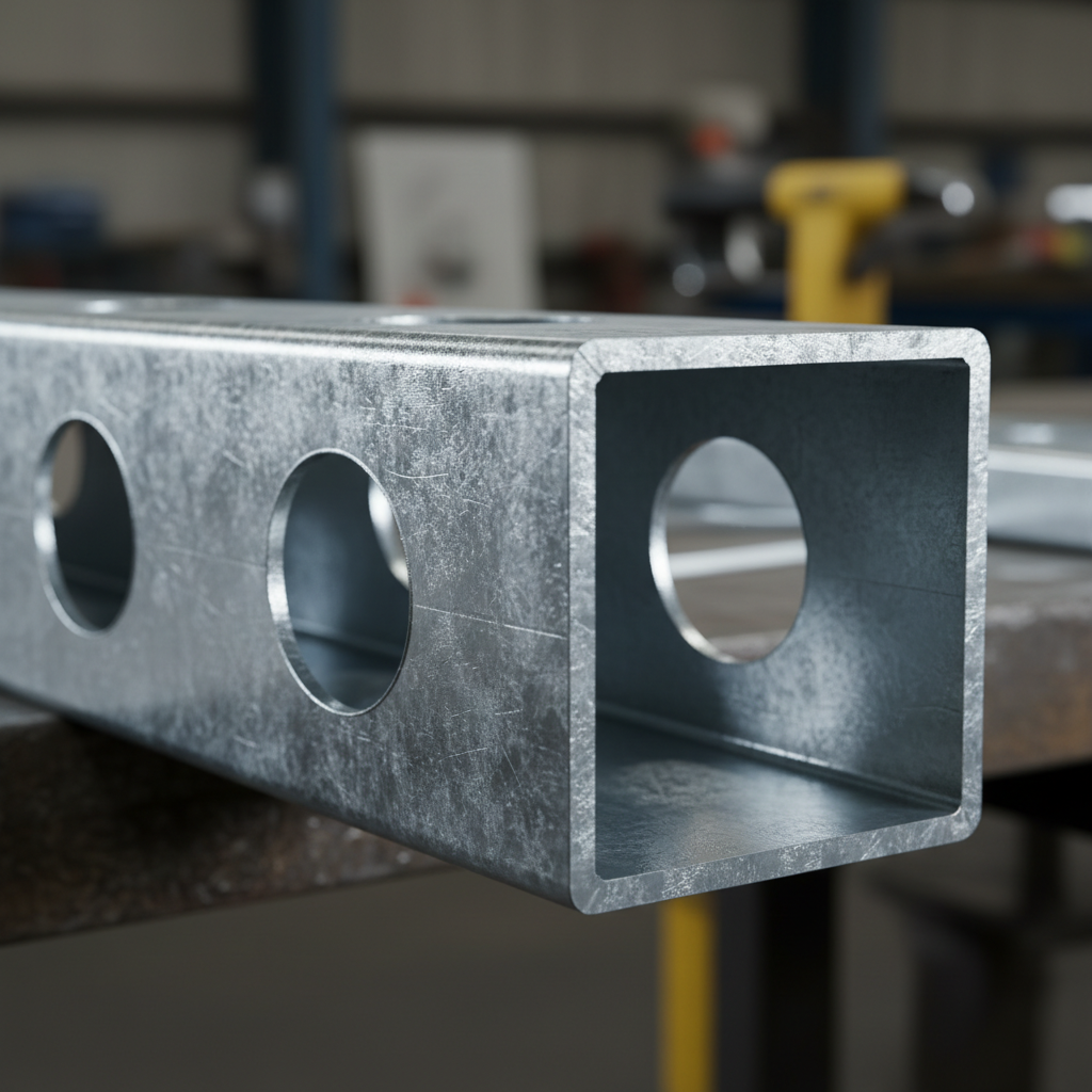 Close-up of a galvanized light gauge C-stud with pre-punched knockouts showing precise flanges and web for cold-formed steel framing
