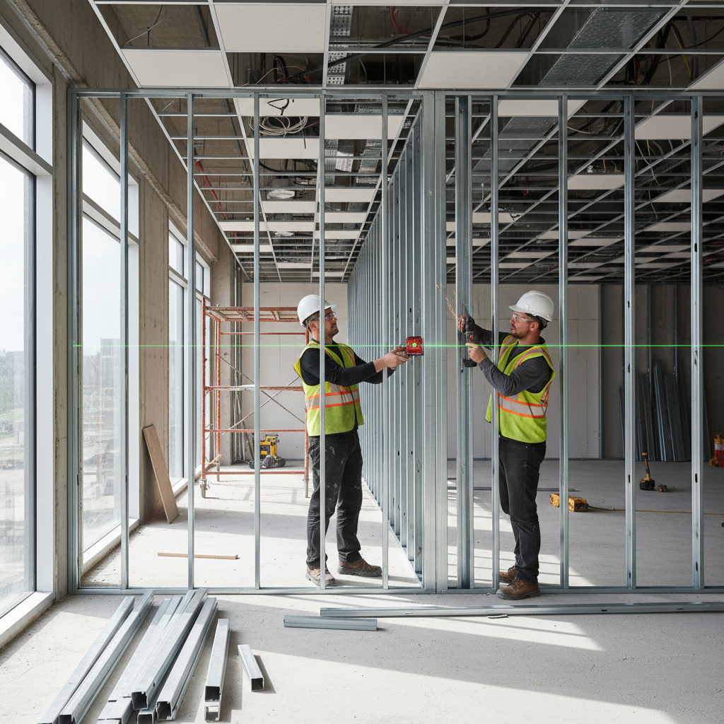 Contractors installing metal studs with laser level on an interior wall, illustrating best practices for light gauge steel framing installation